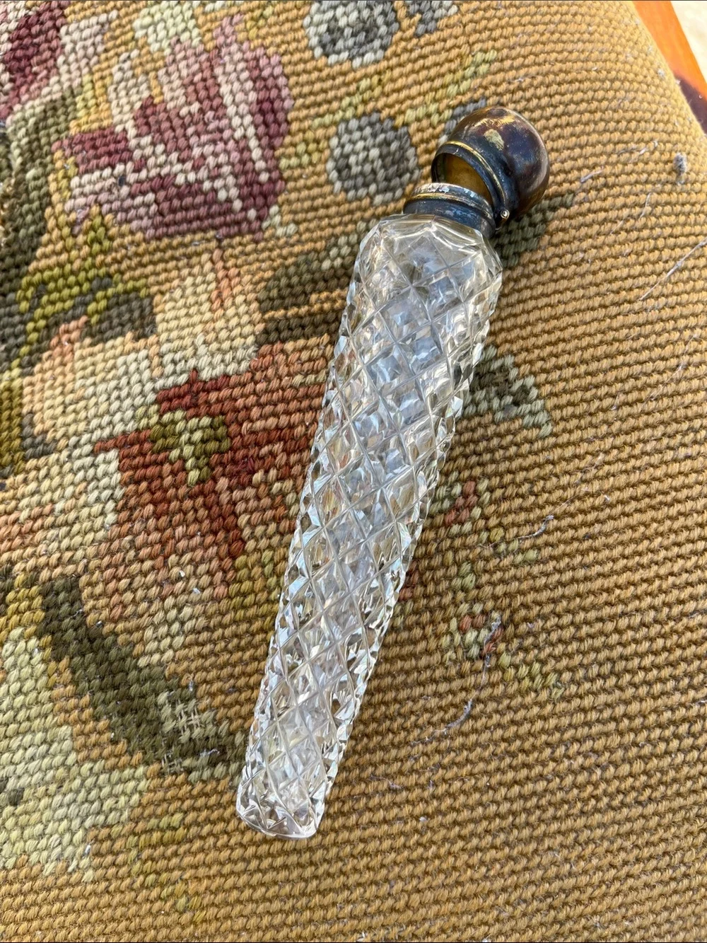 Antique Cut Glass Perfume Bottle With Brass Collar - Clear - Picture 2 of 3